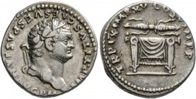 Titus, 79-81. Denarius (Silver, 17 mm, 3.51 g, 6 h), Rome, 80. IMP TITVS CAES VESPASIAN AVG P M Laureate head of Titus to right. Rev. TR P IX IMP XV C...