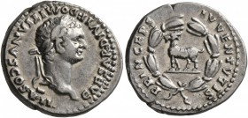 Domitian, as Caesar, 69-81. Denarius (Silver, 18 mm, 3.47 g, 6 h), Rome, 80-81, struck under Titus. CAESAR•DIVI F DOMITIANVS COS VII Laureate head of ...