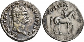 Domitian, as Caesar, 69-81. Denarius (Silver, 19 mm, 3.43 g, 7 h), uncertain eastern mint (Ephesos?), 79-80. CAESAR AVG F• DOMITIANVS Laureate head of...