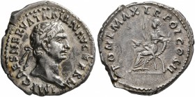 Trajan, 98-117. Denarius (Silver, 19 mm, 3.48 g, 6 h), Rome, 98-99. IMP CAES NERVA TRAIAN AVG GERM Laureate head of Trajan to right. Rev. PONT MAX TR ...