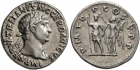 Trajan, 98-117. Denarius (Silver, 18 mm, 3.29 g, 6 h), Rome, 103. IMP NERVA TRAIANVS AVG GER DACICVS Laureate head of Trajan to right, slight drapery ...