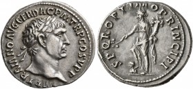 Trajan, 98-117. Denarius (Silver, 18 mm, 2.97 g, 7 h), Rome, circa 103-107. IMP TRAIANO AVG GER DAC P M TR P COS V P P Laureate head of Trajan to righ...