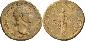 Trajan, 98-117. Sestertius (Orichalcum, 34 mm, 28.05 g, 6 h), Rome, circa 108-109/10. IMP CAES NERVAE TRAIANO AVG GER DAC P M TR P COS V P P Laureate ...