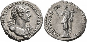 Trajan, 98-117. Denarius (Silver, 18 mm, 3.26 g, 6 h), Rome, 116-117. IMP CAES NER TRAIAN OPTIM AVG GERM DAC Laureate bust of Trajan to right, wearing...