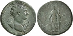 Trajan, 98-117. Dupondius (Orichalcum, 26 mm, 13.79 g, 6 h), Rome, 116-117. IMP CAES NER TRAIANO OPTIMO AVG GER DAC PARTHICO P M [TR P COS VI P P] Lau...