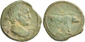 Trajan, 98-117. Quadrans (Bronze, 15 mm, 1.55 g, 6 h), a contemporary imitation. Diademed bust of Hercules to right, drapery on left shoulder. Rev. Bo...