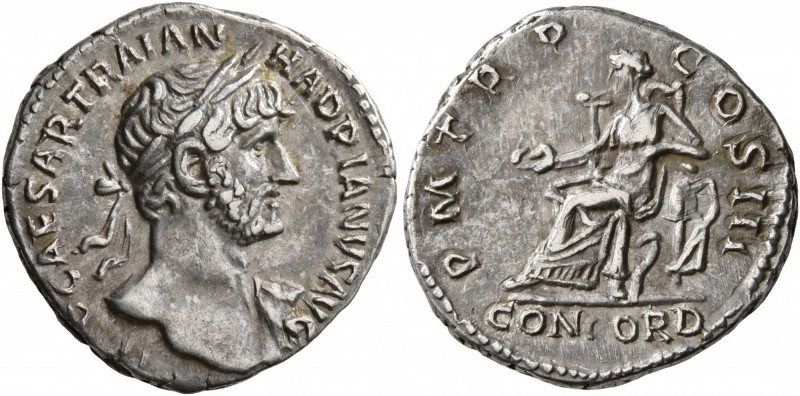 Hadrian, 117-138. Denarius (Silver, 18 mm, 3.43 g, 7 h), Rome, 119-122. IMP CAES...