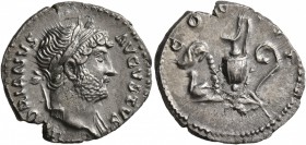 Hadrian, 117-138. Denarius (Silver, 18 mm, 3.02 g, 5 h), Rome, 124-128. HADRIANVS AVGVSTVS Laureate head of Hadrian to right. Rev. COS III Simpulum, a...
