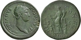 Hadrian, 117-138. Sestertius (Orichalcum, 34 mm, 28.56 g, 6 h), Rome, 128-132. HADRIANVS AVGVSTVS P P Laureate head of Hadrian to right. Rev. HILARITA...