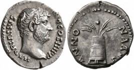 Hadrian, 117-138. Denarius (Silver, 18 mm, 3.40 g, 6 h), Rome, 134-138. HADRIANVS AVG COS III P P Bare head of Hadrian to right. Rev. ANNONA AVG Modiu...