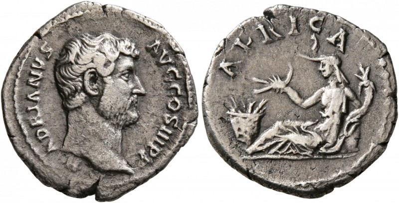 Hadrian, 117-138. Denarius (Silver, 18 mm, 2.81 g, 7 h), Rome, 134-138. HADRIANV...