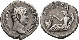 Hadrian, 117-138. Denarius (Silver, 18 mm, 2.81 g, 7 h), Rome, 134-138. HADRIANVS AVG COS III P P Bare head of Hadrian to right. Rev. AFRICA Africa, w...