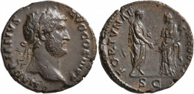 Hadrian, 117-138. As (Copper, 25 mm, 9.91 g, 7 h), Rome, 134-138. HADRIANVS AVG COS III P P Laureate head of Hadrian to right. Rev. FORTVNAE REDVCI / ...