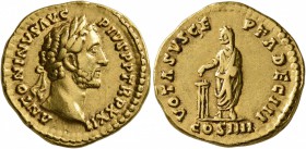 Antoninus Pius, 138-161. Aureus (Gold, 19 mm, 7.14 g, 6 h), Rome, 158-159. ANTONINVS AVG PIVS P P TR P XXII Laureate head of Antoninus Pius to right. ...