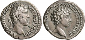 Antoninus Pius, with Marcus Aurelius as Caesar, 138-161. Denarius (Silver, 17 mm, 3.35 g, 6 h), Rome, 140. ANTONINVS AVG PIVS P P TR P COS III Laureat...
