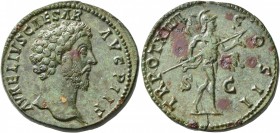 Marcus Aurelius, as Caesar, 139-161. Sestertius (Orichalcum, 32 mm, 24.06 g, 6 h), Rome, 159-160. AVRELIVS CAESAR AVG PII F Bare head of Marcus Aureli...