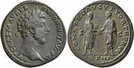 Marcus Aurelius, 161-180. Sestertius (Orichalcum, 31 mm, 24.76 g, 12 h), Rome, 161-162. IMP CAES M AVREL ANTONINVS AVG P M Laureate head of Marcus Aur...