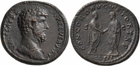 Lucius Verus, 161-169. Sestertius (Orichalcum, 33 mm, 24.73 g, 12 h), Rome, 161. IMP CAES L AVREL VERVS AVG Bare-headed and cuirassed bust of Lucius V...