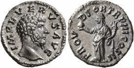 Lucius Verus, 161-169. Denarius (Silver, 18 mm, 3.24 g, 1 h), Rome, 162-163. IMP L VERVS AVG Bare head of Lucius Verus to right. Rev. PROV DEOR TR P I...