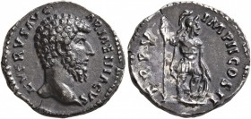Lucius Verus, 161-169. Denarius (Silver, 17 mm, 2.68 g, 6 h), Rome, 164-165. L VERVS AVG ARMENIACVS Bare head of Lucius Verus to right. Rev. TR P V IM...