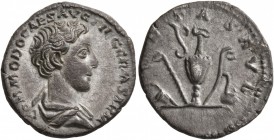 Commodus, as Caesar, 166-177. Denarius (Silver, 18 mm, 3.05 g, 11 h), Rome, 175-176. COMMODO CAES AVG FIL GERM SARM Bare-headed and draped bust of Com...