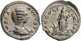 Julia Domna, Augusta, 193-217. Denarius (Silver, 18 mm, 3.40 g, 1 h), Rome. IVLIA AVGVSTA Draped bust of Julia Domna to right. Rev. SAECVLI FELICITAS ...