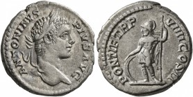 Caracalla, 198-217. Denarius (Silver, 18 mm, 3.95 g, 12 h), Rome, 206. ANTONINVS PIVS AVG Laureate head of Caracalla to right. Rev. PONTIF TR P VIIII ...