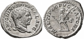 Caracalla, 198-217. Denarius (Silver, 19 mm, 3.34 g, 6 h), Rome, 213. ANTONINVS PIVS FEL AVG Laureate head of Caracalla to right. Rev. MARTI PROPVGNAT...