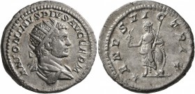 Caracalla, 198-217. Antoninianus (Silver, 23 mm, 5.20 g, 5 h), Rome, 213-217. ANTONINVS PIVS AVG GERM Radiate and draped bust of Caracalla to right, s...