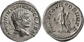 Caracalla, 198-217. Denarius (Silver, 19 mm, 3.39 g, 6 h), Rome, 214. ANTONINVS PIVS AVG GERM Laureate head of Caracalla to right. Rev. P M TR P XVII ...