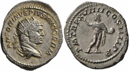 Caracalla, 198-217. Antoninianus (Silver, 24 mm, 5.06 g, 7 h), Rome, 216. ANTONINVS PIVS AVG GERM Radiate and draped bust of Caracalla to right, seen ...