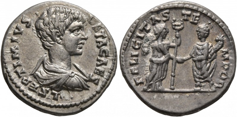 Geta, as Caesar, 198-209. Denarius (Silver, 18 mm, 3.34 g, 1 h), Laodicea, 198-2...