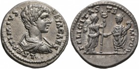 Geta, as Caesar, 198-209. Denarius (Silver, 18 mm, 3.34 g, 1 h), Laodicea, 198-200. L SEPTIMIVS GETA CAES Bare-headed and draped bust of Geta to right...