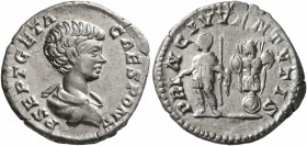 Geta, as Caesar, 198-209. Denarius (Silver, 19 mm, 3.23 g, 7 h), Rome, 200-202. P SEPT GETA CAES PONT Bare-headed and draped bust of Geta to right, se...