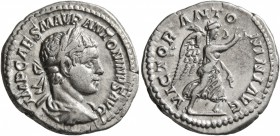 Elagabalus, 218-222. Denarius (Silver, 20 mm, 3.49 g, 6 h), Rome. IMP CAES M AVR ANTONINVS AVG Laureate and draped bust of Elagabalus to right. Rev. V...