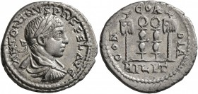 Elagabalus, 218-222. Denarius (Silver, 19 mm, 3.10 g, 7 h), Antiochia, 218-219. ANTONINVS PIVS FEL AVG Laureate, draped and cuirassed bust of Elagabal...