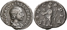 Aquilia Severa, Augusta, 220-221 & 221-222. Denarius (Silver, 19 mm, 2.91 g, 12 h), Rome. IVLIA AQVILIA SEVERA AVG Draped bust of Aquilia Severa to ri...