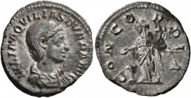 Aquilia Severa, Augusta, 220-221 & 221-222. Denarius (Silver, 18 mm, 3.24 g, 1 h), Rome. IVLIA AQVILIA SEVERA AVG Draped bust of Aquilia Severa to rig...