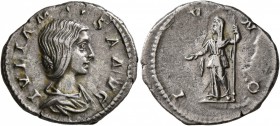 Julia Maesa, Augusta, 218-224/5. Denarius (Silver, 20 mm, 2.81 g, 12 h), Rome. IVLIA MAESA AVG Draped bust of Julia Maesa to right. Rev. IVNO Juno, ve...