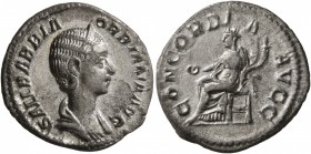 Orbiana, Augusta, 225-227. Denarius (Silver, 18 mm, 2.50 g, 1 h), Rome. SALL BARBIA ORBIANA AVG Diademed and draped bust of Orbiana to right. Rev. CON...