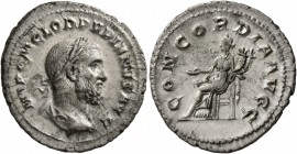 Pupienus, 238. Denarius (Silver, 21 mm, 2.66 g, 8 h), Rome. IMP C M CLOD PVPIENVS AVG Laureate, draped and cuirassed bust of Pupienus to right, seen f...