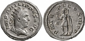 Philip I, 244-249. Antoninianus (Silver, 22 mm, 4.54 g, 1 h), Rome, 245. IMP PHILIPPVS AVG Radiate, draped and cuirassed bust of Philip I to right, se...