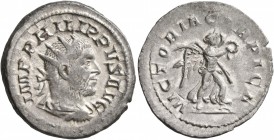Philip I, 244-249. Antoninianus (Silver, 24 mm, 4.83 g, 6 h), Rome, 247. IMP PHILIPPVS AVG Radiate, draped and cuirassed bust of Philip I to right, se...