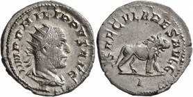 Philip I, 244-249. Antoninianus (Silver, 22 mm, 4.35 g, 1 h), Rome, 248. IMP PHILIPPVS AVG Radiate, draped and cuirassed bust of Philip I to right, se...