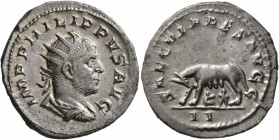 Philip I, 244-249. Antoninianus (Silver, 22 mm, 4.10 g, 1 h), Rome, 248. IMP PHILIPPVS AVG Radiate, draped and cuirassed bust of Philip I to right, se...