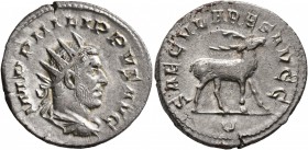 Philip I, 244-249. Antoninianus (Silver, 21 mm, 4.03 g, 7 h), Rome, 248. IMP PHILIPPVS AVG Radiate, draped and cuirassed bust of Philip I to right, se...