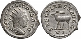 Philip I, 244-249. Antoninianus (Silver, 22 mm, 3.46 g, 6 h), Rome, 248. IMP PHILIPPVS AVG Radiate, draped and cuirassed bust of Philip I to right, se...
