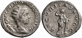 Hostilian, 251. Antoninianus (Silver, 22 mm, 3.97 g, 1 h), Rome. IMP CAE C VAL HOS MES QVINTVS AVG Radiate, draped and cuirassed bust of Hostilian to ...