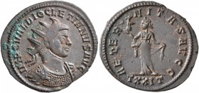 Diocletian, 284-305. Antoninianus (Bronze, 23 mm, 3.75 g, 6 h), Ticinum, 289. IMP C VAL DIOCLETIANVS AVG Radiate and cuirassed bust of Diocletian to r...