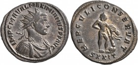 Maximianus, first reign, 286-305. Antoninianus (Silvered bronze, 24 mm, 4.20 g, 11 h), Ticinum, 287. IMP C M A VAL MAXIMIANVS P F AVG Radiate, draped ...